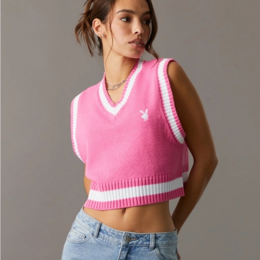 PLAYBOY Pink and White V-Neck Cropped Sweater Vest